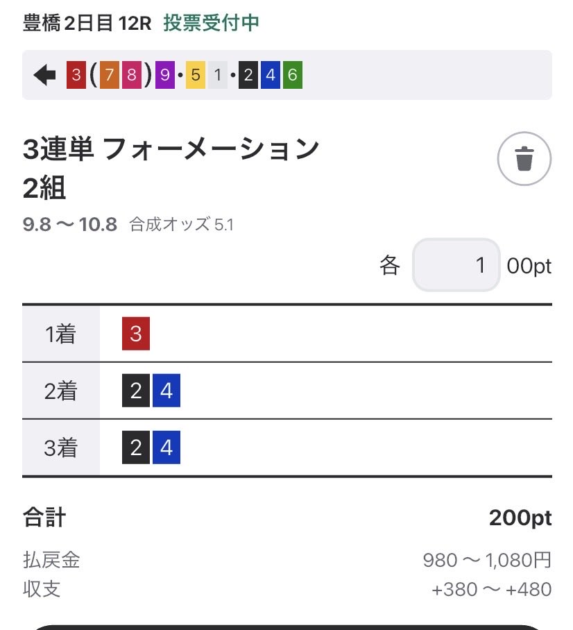 jknagoya's tweet photo. @V9TLhkSLP93ZlPC 

3-79-79が本線の狙いなので金額多め

3-24-24は人気過ぎるので美味しくないから軽く

3-159-159は穴狙いで来たら熱いです https://t.co/lU9dQMXXLc