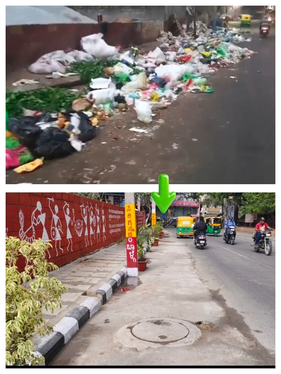 GBA_office's tweet photo. ♻️ Another Garbage Black Spot Permanently Eliminated! | Bengaluru west city corporation

📍 Location: Amarjyothi Nagar Bus Stop
📌 Ward No. 125 – Marenahalli, Govindarajnagar Constituency

A garbage black spot that had persisted for nearly two years, with waste spread across nearly 100 metres, has now been permanently eliminated through the coordinated efforts of BSWML, the Engineering Department, and BESCOM.

✅ Accumulated garbage and debris cleared
✅ Footpath restored and made pedestrian-friendly
✅ Wall paintings completed to beautify the area
✅ New streetlights installed
✅ CCTV cameras installed to prevent fresh dumping
✅ Door-to-door waste collection and source segregation strengthened, with a special focus on wet waste and Low Value Plastic (LVP) collection

The area is now clean, safe, obstruction-free, and accessible for pedestrians, marking another step towards a cleaner and healthier Bengaluru.

#BSWML #CleanBengaluru #westcitycorporation #GreaterBengaluruAuthority  #GarbageFreeBengaluru #UB100 #SwachhBharat #BrandBengaluru #Govindarajnagar #Marenahalli #WasteManagement #SourceSegregation
