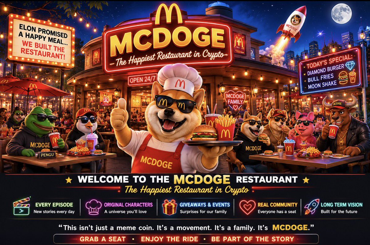 MCDOGECRYPREST's tweet photo. 🍔 Welcome to the MCDOGE Restaurant.

One day, Elon joked about a Happy Meal.

We didn’t wait for McDonald’s.

We built the restaurant.

Welcome to the happiest restaurant in crypto — where every meme has a seat, every meal tells a story, and every day is a new episode.

👨‍🍳 Meet Chef MCDOGE.

🐸 PEPE
🐶 DOGE
🐧 PENGU
🐕 BONK
…and many more are always welcome.

Inside this restaurant you’ll find:

🍔 Daily Episodes
🎁 Community Giveaways
🎬 Original Characters
😂 Meme Stories
❤️ A Community Built Together

This isn’t just another meme coin.

It’s a restaurant.
It’s a universe.
It’s a community.

🍟 Grab a seat.

The Restaurant is Open. ❤️

Website: https://t.co/3RTn266XoX
Telegram: https://t.co/9ZUxHZSo7c
Buy with : https://t.co/ULa4OjnczZ

#MCDOGE #Solana #Memecoin #Crypto #DOGE #PEPE #BONK #PENGU