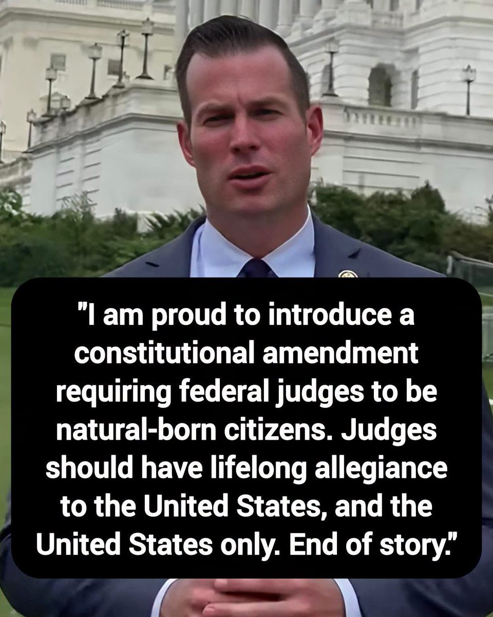 Backupjoepags1's tweet photo. Rep. Clay Fuller: "I am proud to introduce a constitutional amendment requiring federal judges to be natural-born citizens. Judges should have lifelong allegiance to the United States, and the United States only. End of story."

Thoughts? https://t.co/8gpVFqbjRf