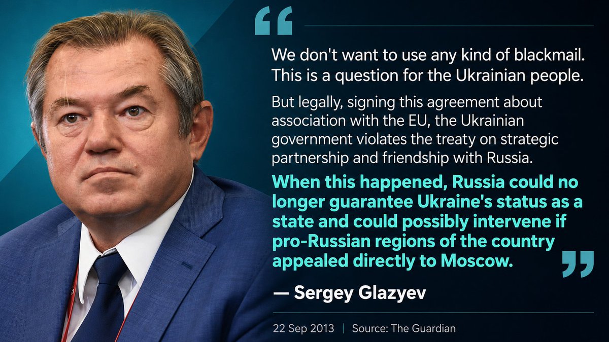 Montrey82631182's tweet photo. 22.09.2013: Putin adviser Sergey Glazyev openly threatens Ukraine with the destruction of its statehood if it signs the EU Association Agreement. Months later, he personally helps coordinate and finance the Kremlin-backed seizure of power and armed uprising in the Donbas. https://t.co/zJVIQeZrkO