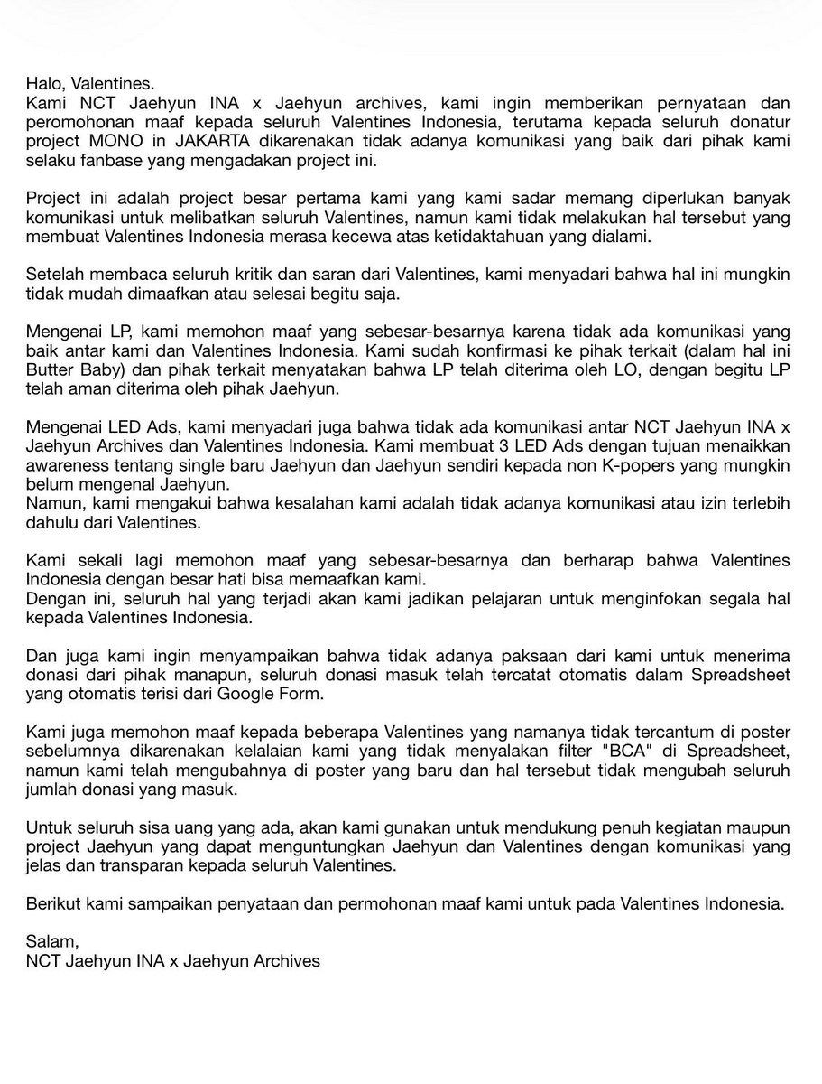 NCTJaehyunINA's tweet photo. Halo, Valentines.

Berikut kami sampaikan pernyataan permohonan maaf kepada seluruh Valentines Indonesia.

Kami berharap, Valentines berbesar hati memaafkan kelalaian yang kami buat agar bisa dijadikan pelajaran berikutnya.

Terima kasih.
NCT Jaehyun INA x Jaehyun Archives https://t.co/ENmQExGUsr