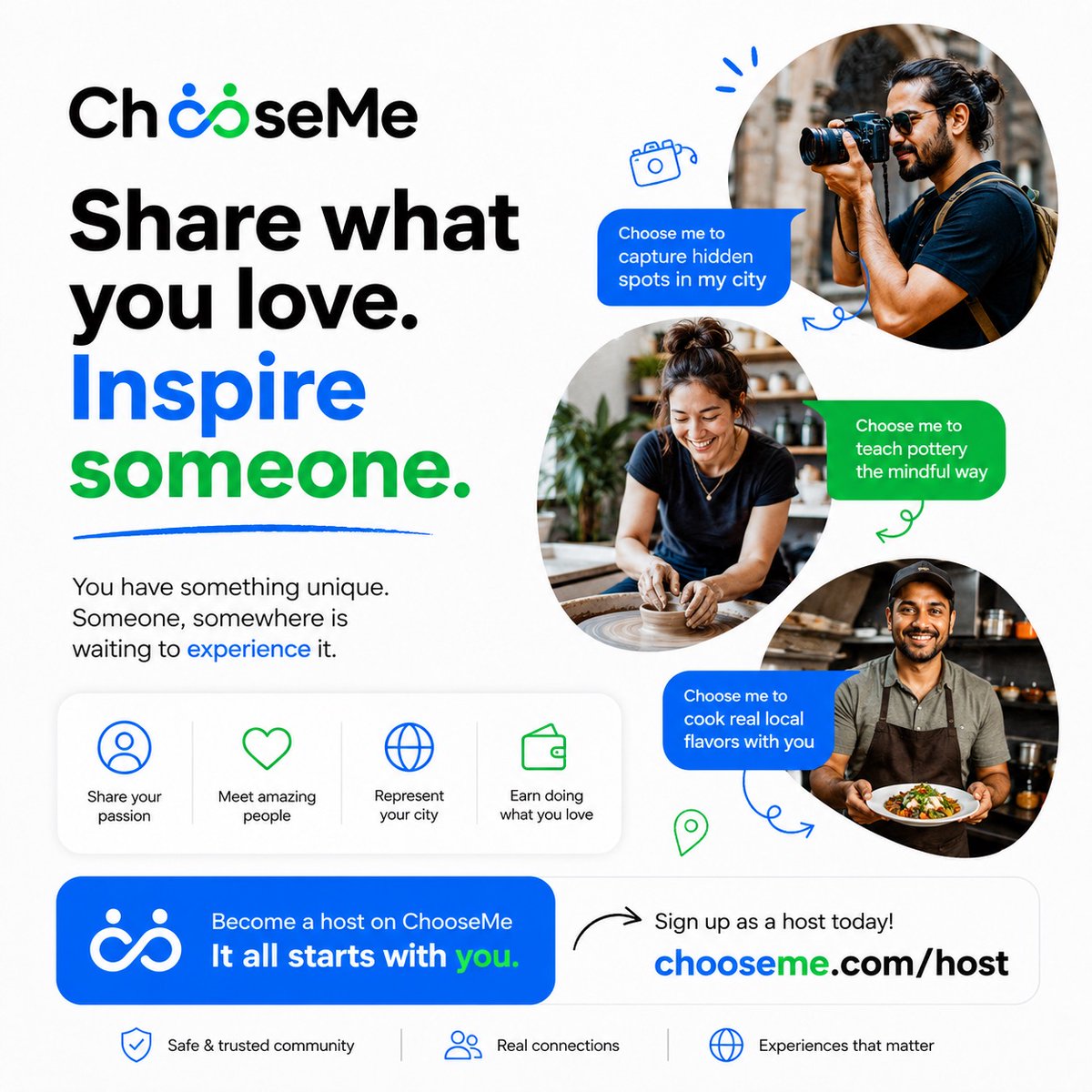 ChooseMeApp's tweet photo. Your passion is more valuable than you think.

The places you know, the skills you've learned, and the experiences you enjoy could become someone else's favourite memory.

Become a host. Share your world.

#ChooseMe #BecomeAHost #RealExperiences #LocalExperiences #ShareYourWorld https://t.co/SlNsEvGLus
