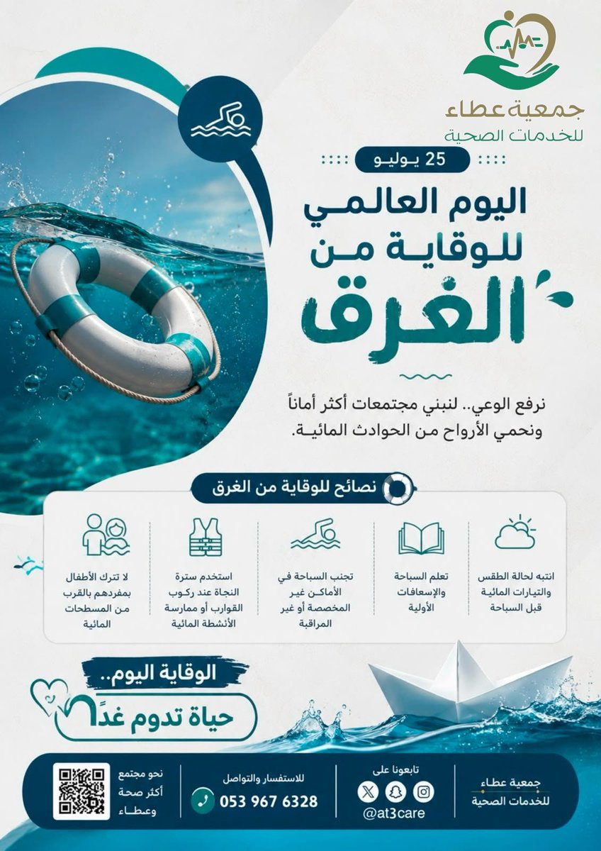at3care's tweet photo. قد تحدث حوادث الغرق في لحظات وبصمت لكن الوعي والاستعداد يصنعان الفرق احرص على أن تكون السلامة أولوية في كل رحلة أو نشاط مائي فإتباع السلوك الآمن يحميك ويحمي من تحب
سلامتك مسؤولية… ووعيك قد ينقذ حياة🛟🌊💙.

#اليوم_العالمي_للوقاية_من_الغرق #جمعية_عطاء_للخدمات_الصحية https://t.co/TvyAFbyBJf