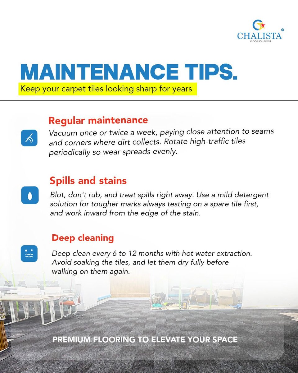 ck_sons's tweet photo. 2 THINGS YOUR CARPET TILES WISH YOU KNEW 🧹

1.  How to kill odors: Baking soda. 20 mins. Vacuum.
2.  How to make them last: Vacuum, blot spills, deep clean yearly.

At CHALISTA, we give you flooring + the knowledge to care for it.

Because premium flooring deserves premium care. https://t.co/8DIBtCCPLq