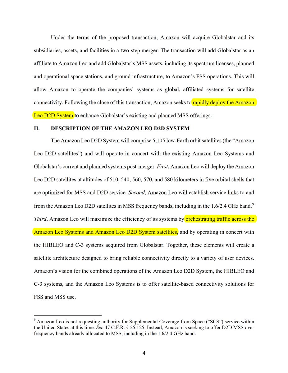 Megaconstellati's tweet photo. More details on @AmazonLeo's new D2D system: 5k sats to be "rapidly deployed", to operate not only in @Globalstar's bands but also in SCS (terrestrial) L-&S-band & in @viasat's L-band outside the US, meaning $VSAT's/Space42's Equatys is likely dead. Will $AMZ acquire $VSAT, too?