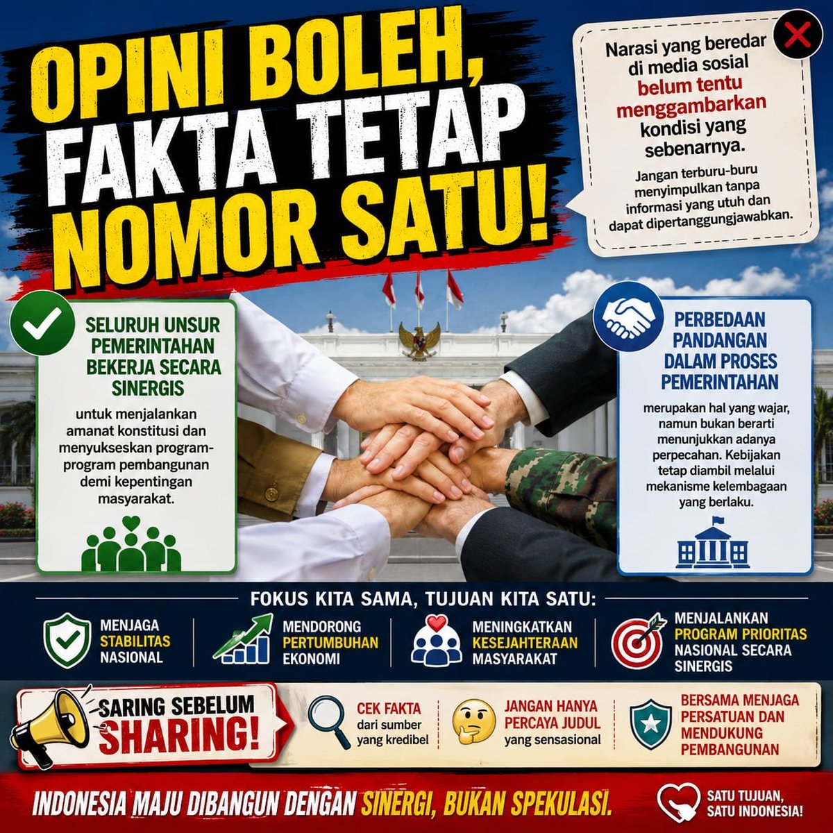 fansdhe's tweet photo. Indonesia maju dibangun dengan sinergi,  bukan spekulasi! #OpiniBukanFakta #SaringSebelumSharing https://t.co/OAJH4j4jNm