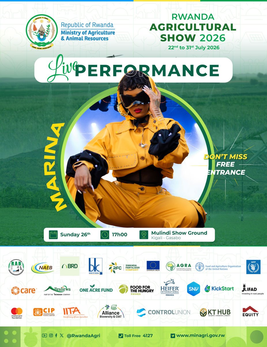 RwandaAgri's tweet photo. Uyu munsi turasusurutswa na MARINA!!

Imurikabikorwa ry'ubuhinzi n'ubworozi ku nshuro ya 19 rirakomeje, aho rifite insanganyamatsiko igira iti " Twihutishe ivugurura ry'Ubuhinzi n'Ubworozi binyuze mu guhanga ibishya n'ubufatanye".

Ntucikwe no gusura ibikorwa bitandukanye bikomeje kumurikwa n'abarenga 600. Ni buri munsi ku Mulindi, i Kigali.

Kwinjira ni UBUNTU!

#RwandaAgriShow2026