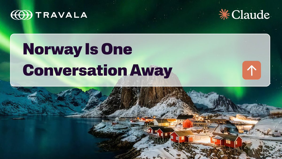 travalacom's tweet photo. Dreaming of Norway? 🇳🇴

Tell Claude where you want to go, compare real hotel options, and book your stay with crypto—all in one conversation.

Powered by the Travala Travel MCP https://t.co/R2Oc7cBINu https://t.co/wUtuP39R3F