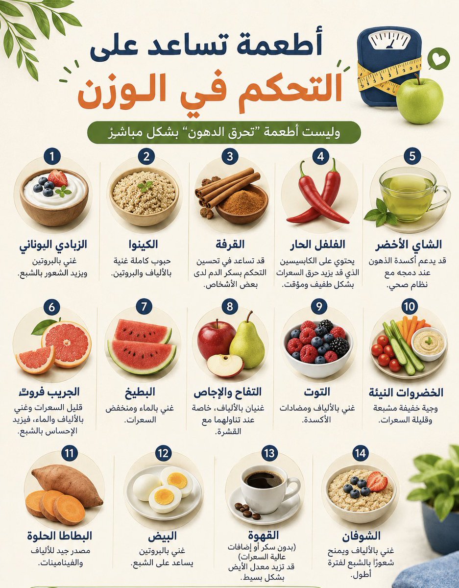 SsAlhinai's tweet photo. أطعمة تساعد على التحكم في الوزن

🥣 الزبادي اليوناني: غني بالبروتين ويزيد الشعور بالشبع.
🌾 الكينوا: حبوب كاملة غنية بالألياف والبروتين.
🌿 القرفة: قد تساعد في تحسين التحكم بسكر الدم لدى بعض الأشخاص.
🌶️ الفلفل الحار: يحتوي على الكابسيسين الذي قد يزيد حرق السعرات بشكل طفيف ومؤقت.
🍵 الشاي الأخضر: قد يدعم أكسدة الدهون عند دمجه مع نظام صحي.
🍊 الجريب فروت: قليل السعرات وغني بالألياف والماء، فيزيد الإحساس بالشبع.
🍉 البطيخ: غني بالماء ومنخفض السعرات.
🍎🍐 التفاح والإجاص: غنيان بالألياف، خاصة عند تناولهما مع القشرة.
🫐 التوت: غني بالألياف ومضادات الأكسدة.
🥕🥒 الخضروات النيئة: وجبة خفيفة مشبعة وقليلة السعرات.
🍠 البطاطا الحلوة: مصدر جيد للألياف والفيتامينات.
🥚 البيض: غني بالبروتين ويساعد على الشبع.
☕ القهوة (بدون سكر أو إضافات عالية السعرات): قد تزيد معدل الأيض بشكل بسيط.
🌾 الشوفان: غني بالألياف ويمنح شعورًا بالشبع لفترة أطول.

معلومة مهمة:
لا يوجد طعام يحرق الدهون بمفرده. فقدان الوزن يعتمد على عجز السعرات الحرارية مع تناول غذاء متوازن، وزيادة النشاط البدني، والنوم الجيد. هذه الأطعمة تساعد على الشبع وتحسين جودة النظام الغذائي، لكنها ليست بديلاً عن نمط حياة صحي.