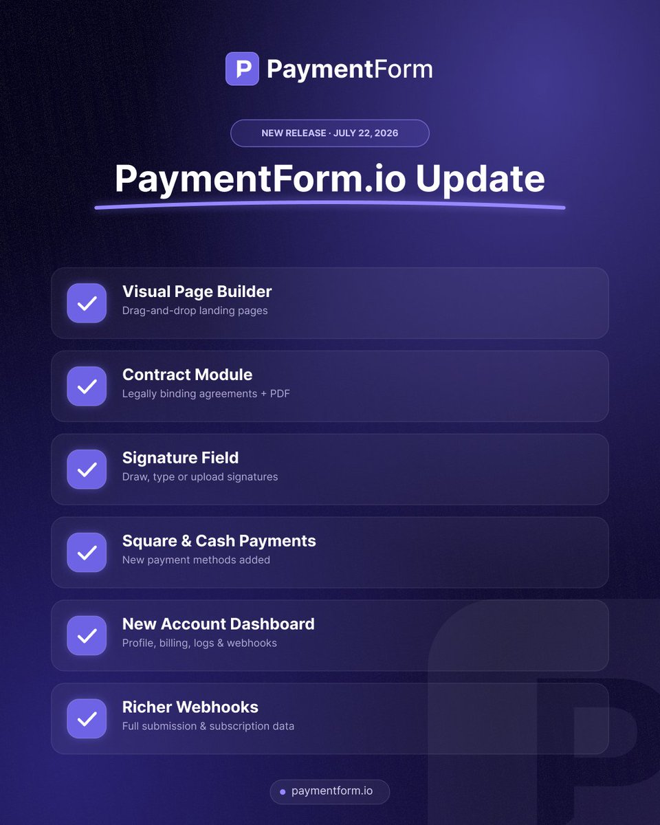 Paymentformio's tweet photo. https://t.co/RU9zyfAmTj now goes beyond payments 👀

Build landing pages, create agreements, collect signatures, accept Square or cash payments, control product quantities, and send richer webhook data.
Faster forms and stronger checkout security are included too.

#PaymentFormIO https://t.co/93h32dRoOe