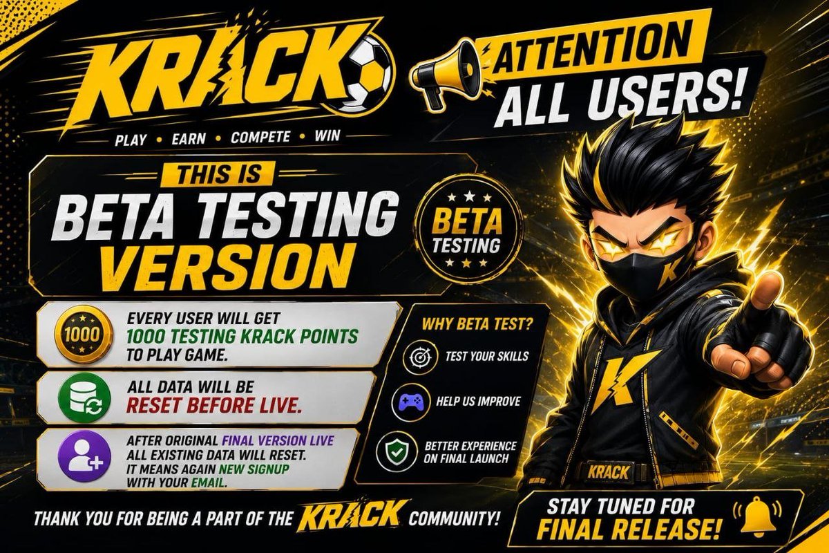 suneelmeena2006's tweet photo. 🚨 ATTENTION KRACK COMMUNITY! 🚨

🔥 KRACK BETA TESTING IS NOW LIVE! 🔥

It’s time to enter the arena and test your skills before the official launch! 🎮⚡

Every registered user will receive 1,000 FREE Testing KRACK Points to play and explore the platform.

⚠️ Important Beta Notice:
This is a testing version only. All accounts, game records, points and other testing data will be RESET before the final version goes live.

🚀 After the official KRACK launch, everyone will need to SIGN UP AGAIN using their email and start fresh on the final platform.

🎮 PLAY • 🎯 TEST YOUR SKILLS • 🏆 COMPETE • ⚡ GET READY

Your testing and feedback will help make the final KRACK experience even better.

🔥 STAY TUNED — THE FINAL KRACK IS COMING!

#KRACK #KrackBeta #BetaTesting #Gaming #PlayAndCompete #TestYourSkills #KrackCommunity #ComingSoon #GameOn