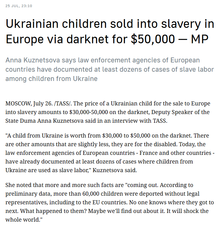 GhostofBPH's tweet photo. Deputy Speaker of the Russian Duma (Parliament) says that Ukrainian children are being sold into slavery on the darknet. 

According to preliminary data, more than 60,000 children have been deported without legal representation. 

Is this why the US State Department and both parties of Congress have been so ardently defending Ukraine? Is it a giant child-trafficking operation? 

https://t.co/g3oT8alT65