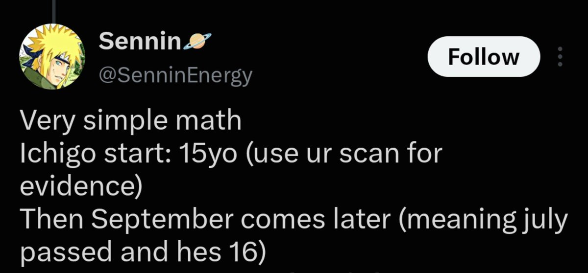 soft0soft's tweet photo. @MyBleachSavage @Ohirume02 @SenninEnergy @2006Paprika @leonid_smallbag @ZBrag102 @hardeyolu03 He has acknowledged 
Ichigos turned 16 the same year the 6 year anniversary was celebrated 

Then logically he would be 19 the year the 9th year anniversary is celebrated 

He dug his own grave https://t.co/orq5eSgXt4