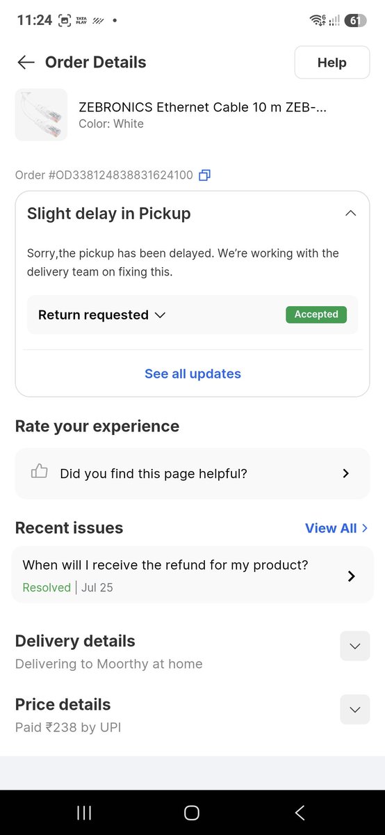 Moorthyprince's tweet photo. Order ID #OD338124838831624100

@flipkartsupport @Flipkart whats happening...i placed request for return  due to defective product..but no one coming to pickup the return order and there is no any msg or call for return pickup...why there is no response. https://t.co/nfOMuqnUeP