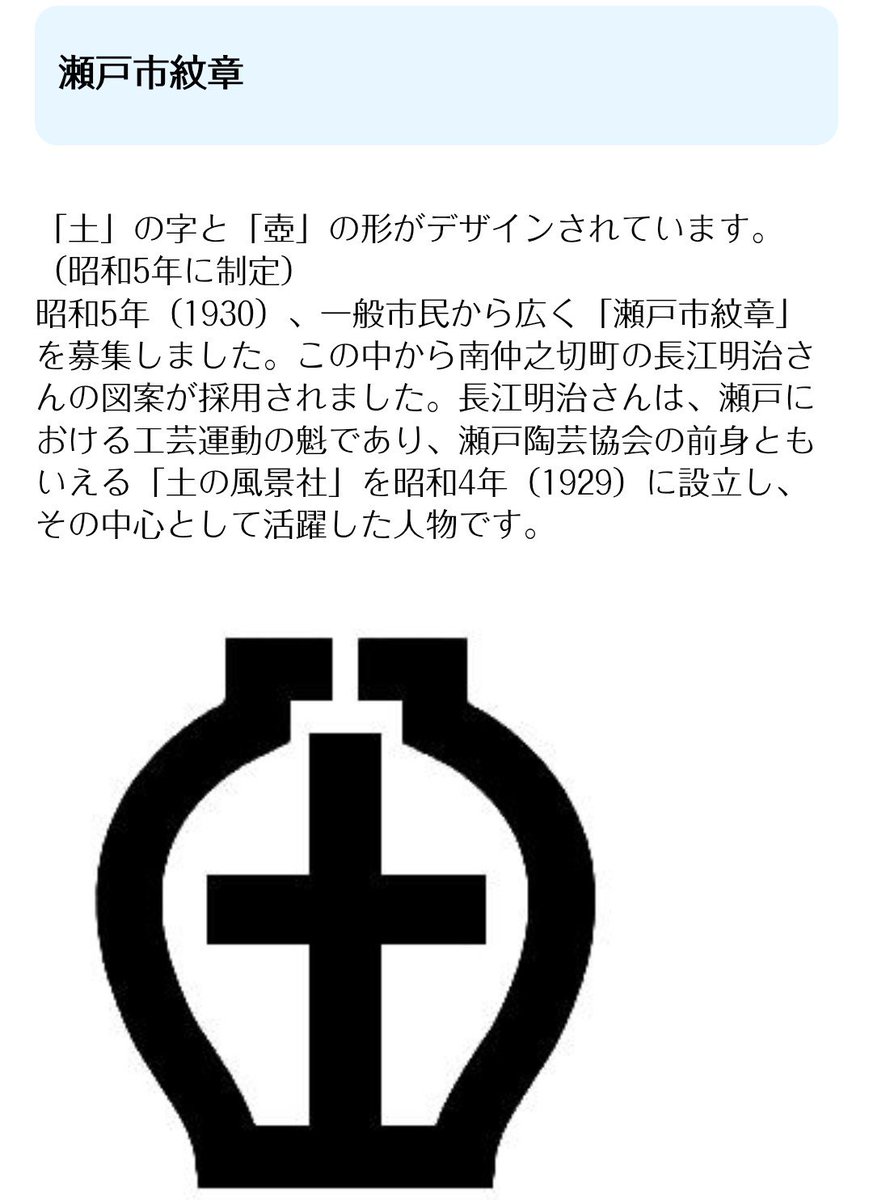 ten_per02's tweet photo. @BB45_Colorado そして漢字由来の自治体章で最近改めて目から鱗だったのが愛知県瀬戸市紋章。てっきり平仮名のせの図案化かと思ったら、これは「土」でした。
習俗的には忌避されがちな土を据えて、「土から焼成した壺」の如く市が形成され、文化が陶冶され、繁栄が貯まり行く。掛詞好きな1930年ならではの作でした。 https://t.co/wOtyFdR8yp
