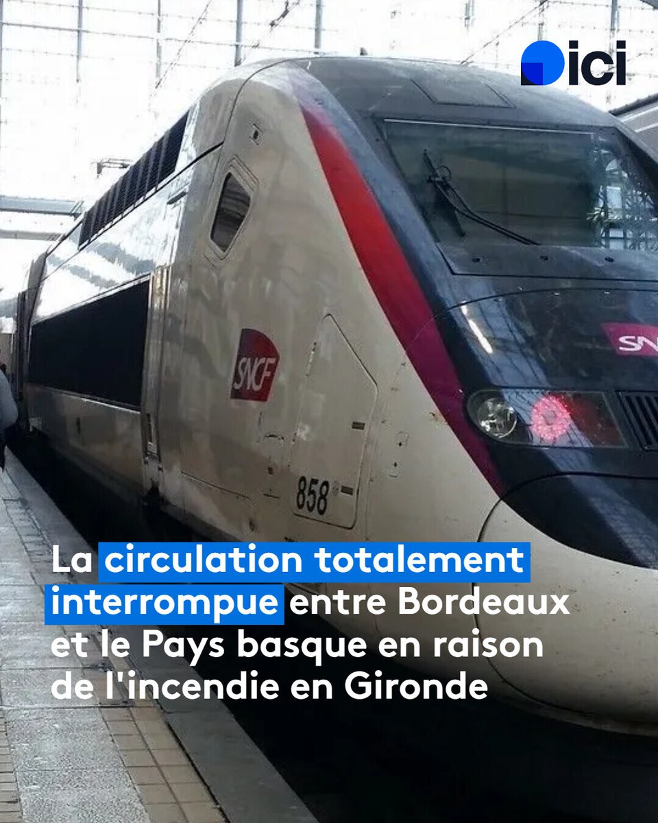 icipaysbasque's tweet photo. Les flammes sont arrivées trop près des voies en Gironde, aucun TGV entre Paris et le Pays basque au moins jusqu'au milieu d'après-midi
➡️ https://t.co/3QT3wC5NpG https://t.co/KvGZX3Wj95