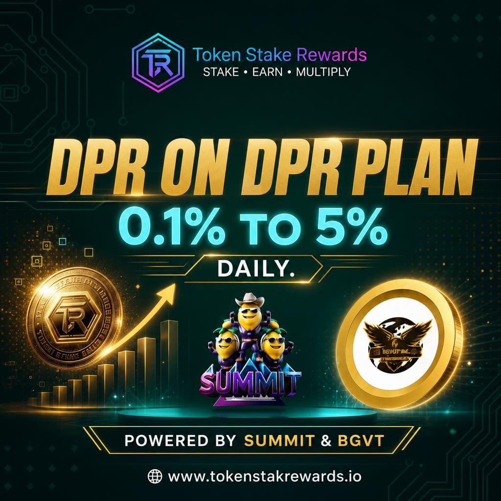 TSRewards's tweet photo. 🚀 Earn daily rewards with DPR on DPR Plan! 🚀

Enjoy a daily interest rate from 0.1% to 5% on your stake. Grow your assets securely and consistently! 💰

Powered by SUMMIT & BGVT  
Learn more at https://t.co/vcpHShdiop

Stake, earn, multiply — join the revolution today! #Crypto #DeFi #PassiveIncome #CryptoRewards #TokenStakeRewards #tsr #summit #bgvt