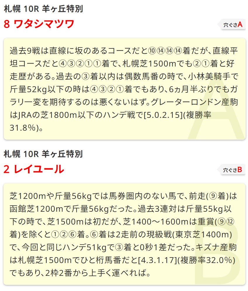 sarabure_eb's tweet photo. 【穴ぐさ】
26日(日)札幌10R羊ヶ丘特別でワタシマツワが5番人気(単勝9.2倍)①着＆レイユールが8番人気②着！

ワタシマツワは人気でしたが、【A】＆【B】評価の2頭で【穴ぐさワンツー】となりました。 https://t.co/sePsC6ME8w