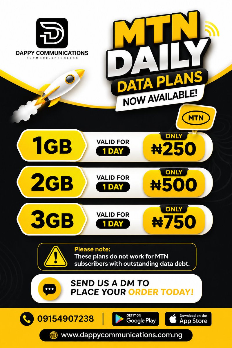 dappydaplugg's tweet photo. 🚀 MTN Daily Data Plans Are Here! 📶

✅ 1GB – ₦250 (1 Day)
✅ 2GB – ₦500 (1 Day)
✅ 3GB – ₦750 (1 Day)

⚠️ Not available for MTN lines with outstanding data debt.

📲 App: https://t.co/i3DsJPvWWs

🌐 https://t.co/OhPNU3SCz8 .ng

© Dappy Communications 💚 https://t.co/2lHDutIX26