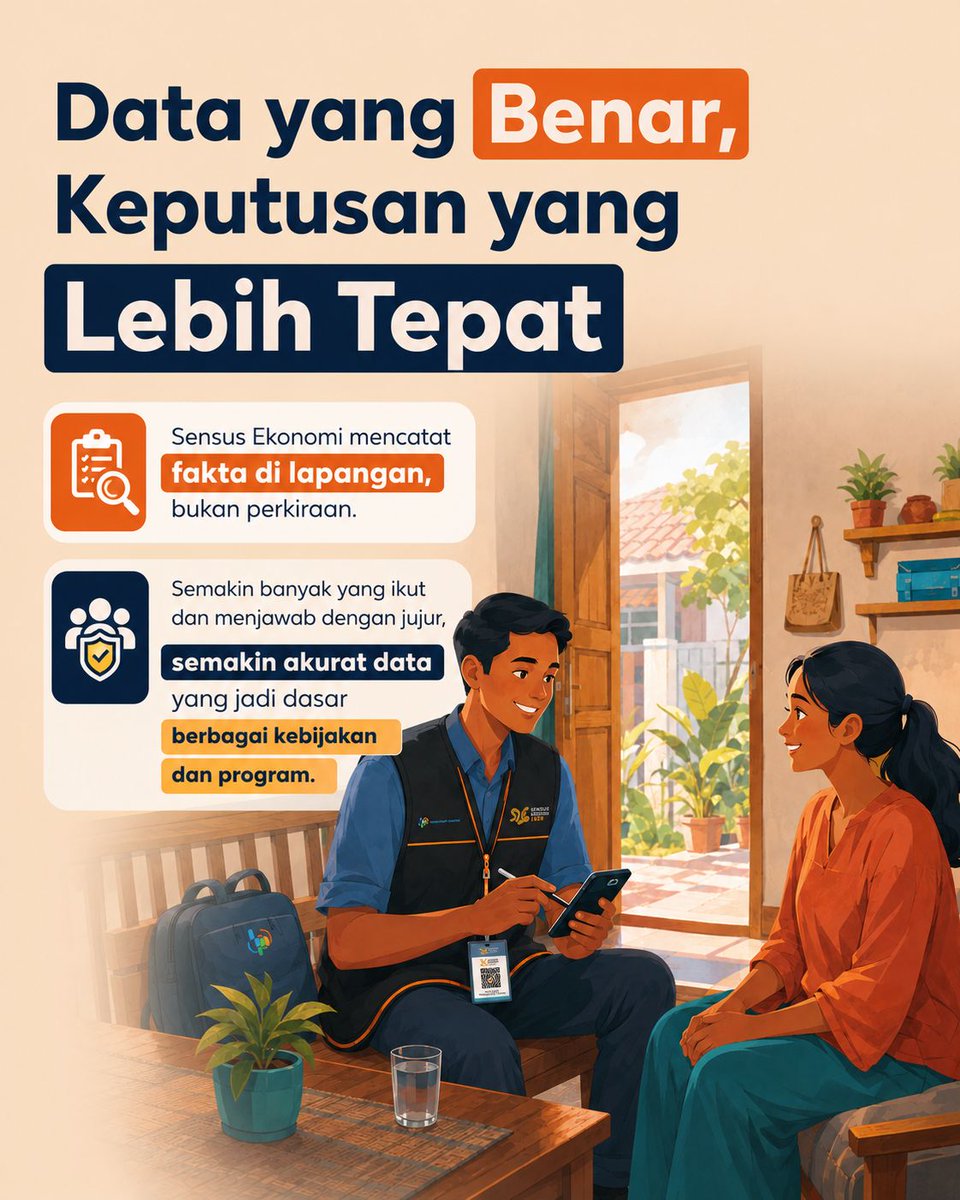 chenggur2's tweet photo. Sensus Ekonomi 2026 ini penting supaya kondisi usaha dan ekonomi masyarakat di tiap daerah bisa benar-benar dipahami. Mari bantu dengan memberi informasi yang sesuai kenyataan.
#StatistikBerdampak https://t.co/4G8IlYVYPh