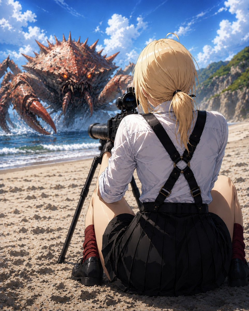Kats3Sun's tweet photo. Shiina Kuze.
From Magical Girl Lyrical Nanoha EXCEEDS: Gun Blaze Vengeance
Crouched low on the sandy beach, she steadies a massive anti-materiel rifle.
Through the scope… a colossal demonic crab.
#ShiinaKuze #KuzeShiina #MagicalGirlLyricalNanoha #NanohaEXGV #SFW #animeAIart https://t.co/g5recAuTOU