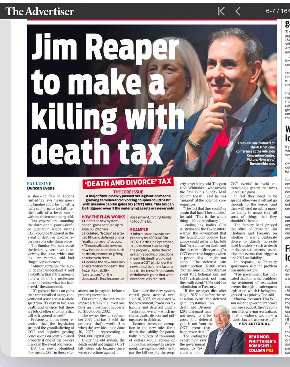 GeoffWilsonWAM's tweet photo. The new insane #CGT introduced by @AlboMP and @JEChalmers. Is it a death tax by stealth!
“Jim Reaper” is about to make a killing at your expense. Plus the unreleased tax is back.
@AustralianLabor ’s rushed changes mean grieving families and divorcing couples can now be hit with massive capital gains tax bills on gains that were never realised, even if the asset is never sold.
No sale. No cash. Just a frozen liability that crystallises on death or divorce.
This is not reform. It’s economic vandalism. Great research @NoelWhittaker #ScrapTheCGTHeist #JointhewaronCGT 
#CGT #DeathTax #JimReaper