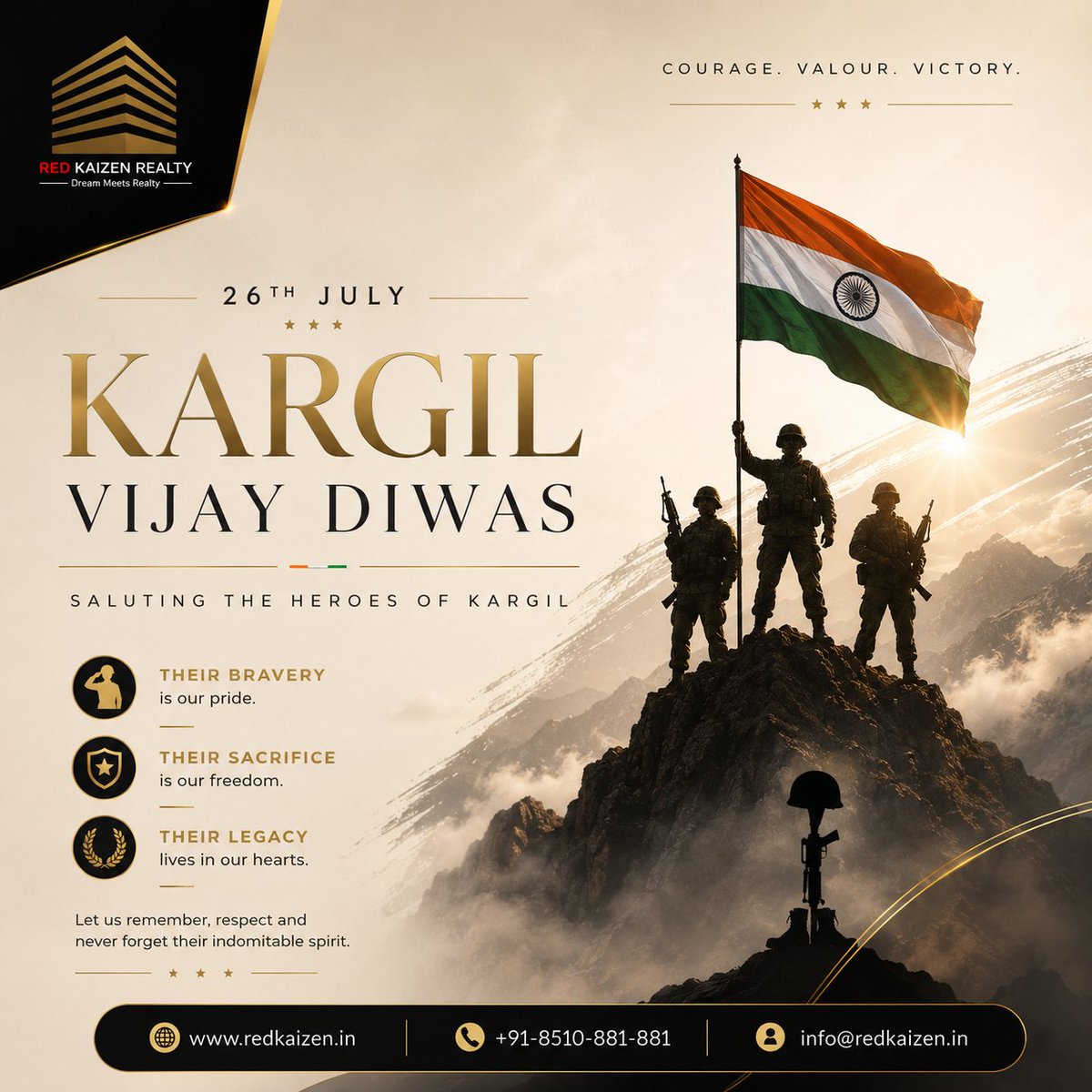 RedKaizen64790's tweet photo. On this Kargil Vijay Diwas, we pay heartfelt tribute to the brave soldiers who protected our nation with unmatched courage and sacrifice.
Their bravery inspires us. Their legacy lives forever.
Salute to the Heroes of Kargil. Jai Hind 🇮🇳

For more : https://t.co/VwMBHgfPBu https://t.co/tu151OpYSK