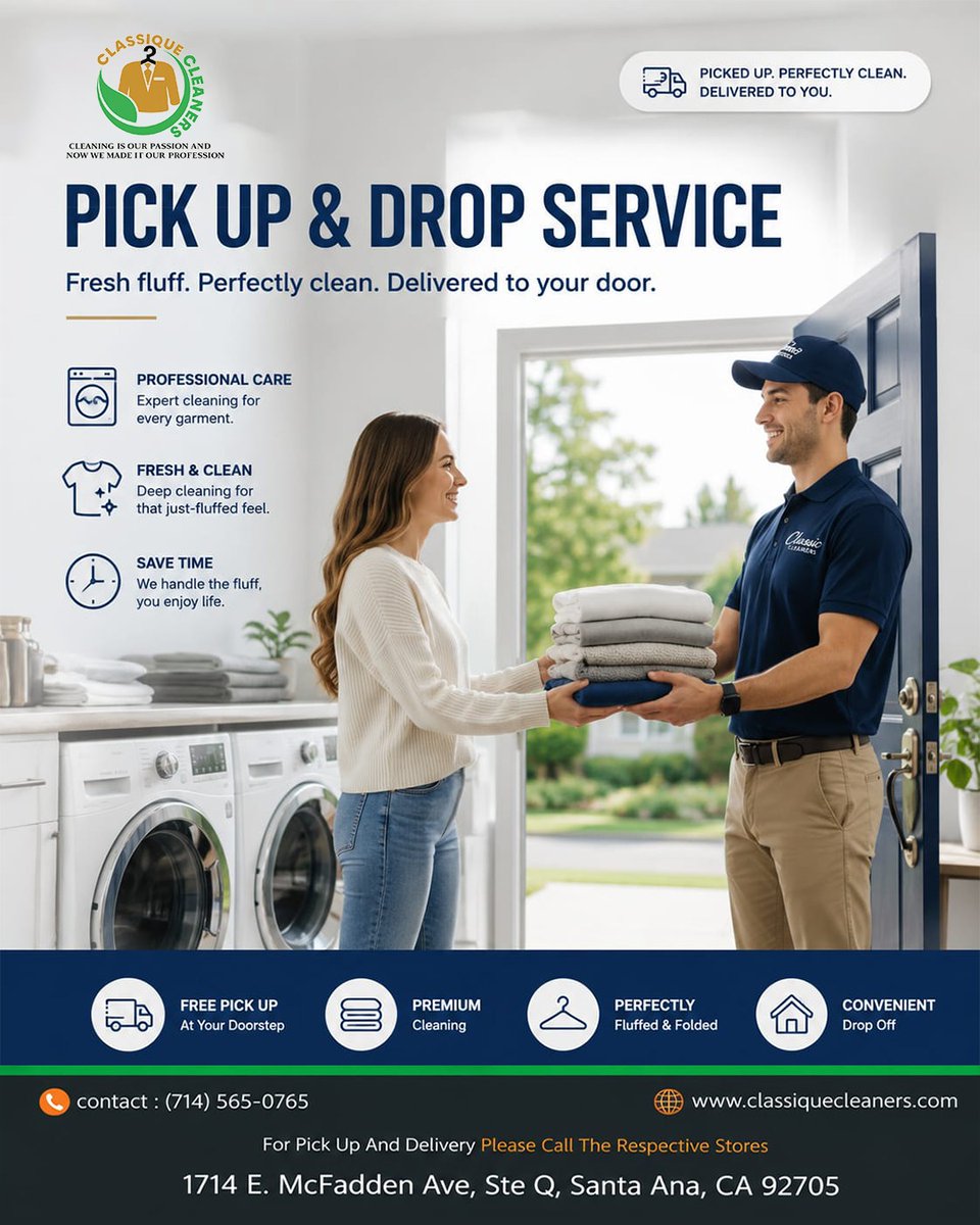 classiqueclean's tweet photo. Delivers eco-friendly garment washing with on-demand neighborhood pickup services.
 To find the exact provider that drives directly to your doorstep, could you tell me:
What is your specific city or zip code?
📞 Call Today
(714) 565-0765
(714) 654-5925
https://t.co/WwWeDqF9li https://t.co/9GNNpIa8V1