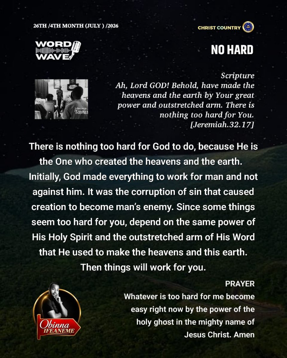 AIfeaneme's tweet photo. NO HARD: Initially, God made everything to work for man and not against him. It was the corruption of sin that caused creation to become man’s enemy. #JesusChrist #No #hard #pastorai #music #Noweapon @victor ivyic https://t.co/JetBuouHb6