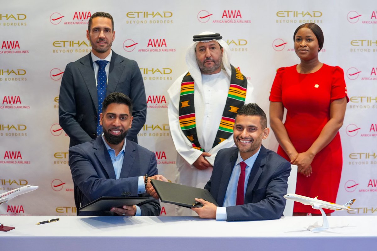 etihad's tweet photo. We’ve signed a Memorandum of Understanding with Africa World Airlines, establishing a strategic partnership spanning codeshare and interline cooperation, cargo collaboration and frequent flyer programmes.

The agreement will connect our networks, allowing Etihad guests to travel on a single ticket beyond Accra onto Africa World Airlines’ network across Ghana and West Africa, while bringing Africa World Airlines’ customers to Abu Dhabi and onwards across Etihad’s network of 118 destinations.

Read more: https://t.co/eHAtQbAVO0