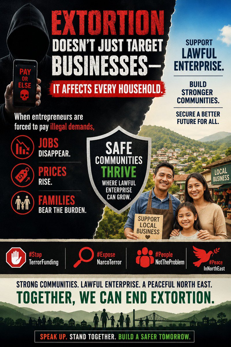 CherryChomu's tweet photo. Extortion doesn’t just target businesses—it affects every household. When entrepreneurs are forced to pay illegal demands, jobs disappear, prices rise, and families bear the burden. #StopTerrorFunding #ExposeNarcoTerror #PeopleNotTheProblem #PeaceInNorthEastExtortion https://t.co/CrDShUr1QD