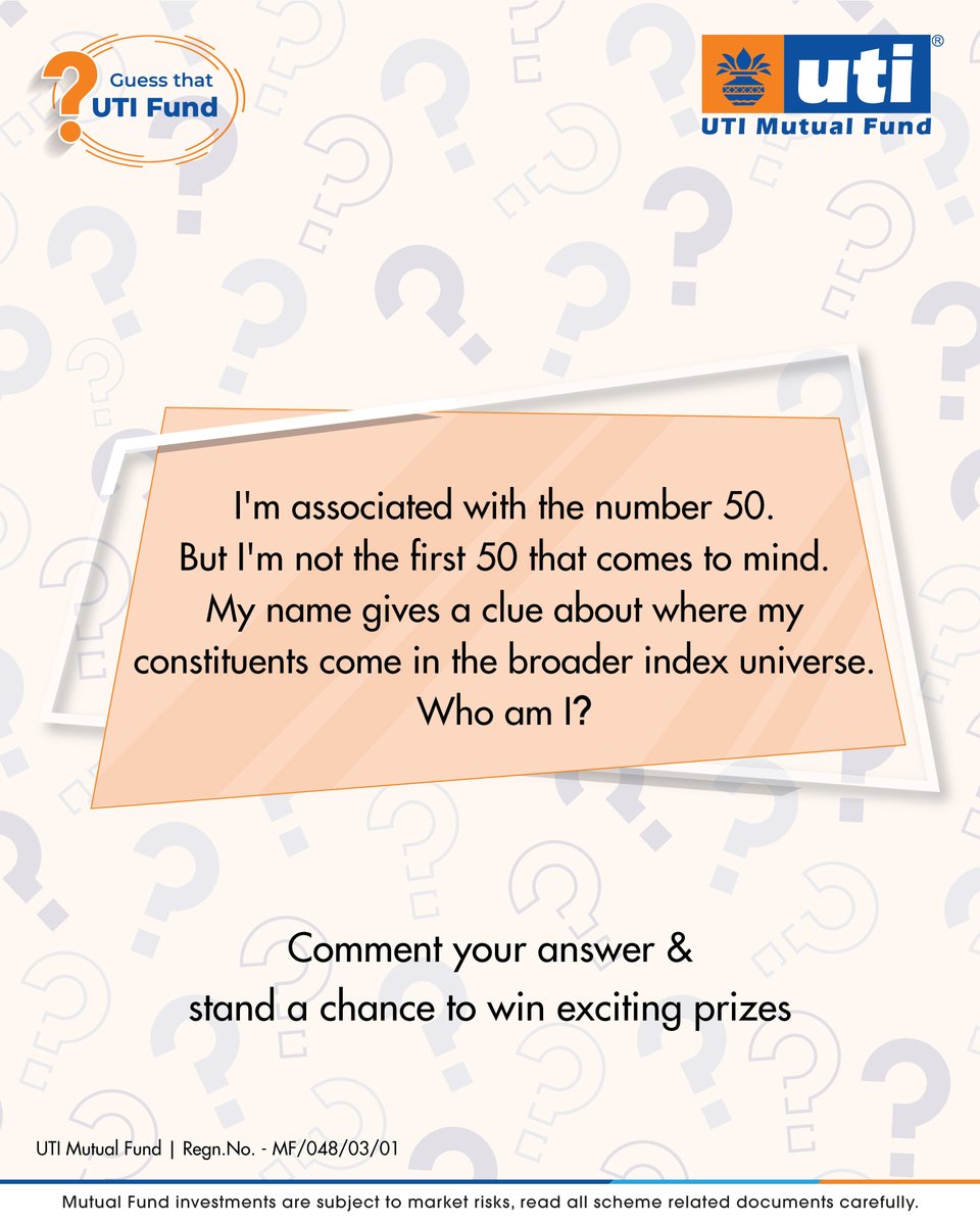 utimutualfund's tweet photo. #GuessThatFund Question 2 - Drop the answer in comments and stand a chance to win a prize! 
• Comment your answer
• Tag 3 friends
• Follow UTI MF

Contest terms & conditions: https://t.co/3Nf0sc1gOG

#UTIMutualFund #GuessThatFund #QuizContest 

[ Investment, Mutual Funds, Contest, Wealth, Finance ]