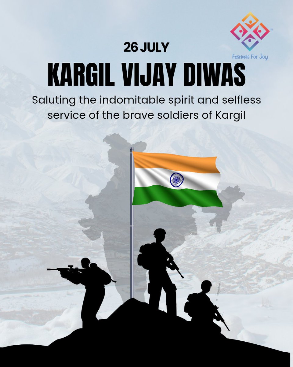 FestivalsforJoy's tweet photo. 🇮🇳 Kargil Vijay Diwas
 🇮🇳

Today, we salute the unmatched courage, sacrifice, and patriotism of the brave heroes who defended our nation with unwavering resolve. Their legacy continues to inspire generations.

Jai Hind! 🙏🇮🇳

#KargilVijayDiwas #SaluteOurHeroes #IndianArmy #RememberTheBrave #JaiHind #NationFirst #PrideOfIndia #FestivalsForJoy #Respect #Patriotism