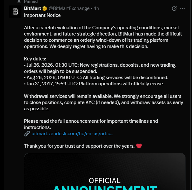 Rahul160446's tweet photo. Crypto reset mode is real.

Another chapter closes.

@BitMEX 
@BitMartExchange 
Even some of the biggest names aren't immune anymore.

This cycle isn't just filtering weak projects-it's testing the entire industry.

If you still have funds on any exchange, double-check your balances and withdraw if necessary

The next bull market will likely be led by the teams that kept building through this reset

Who's still standing when the dust settles? 👀