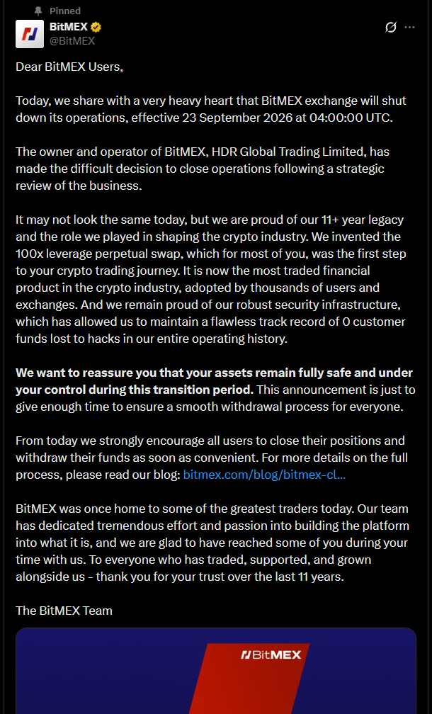 Rahul160446's tweet photo. Crypto reset mode is real.

Another chapter closes.

@BitMEX 
@BitMartExchange 
Even some of the biggest names aren't immune anymore.

This cycle isn't just filtering weak projects-it's testing the entire industry.

If you still have funds on any exchange, double-check your balances and withdraw if necessary

The next bull market will likely be led by the teams that kept building through this reset

Who's still standing when the dust settles? 👀