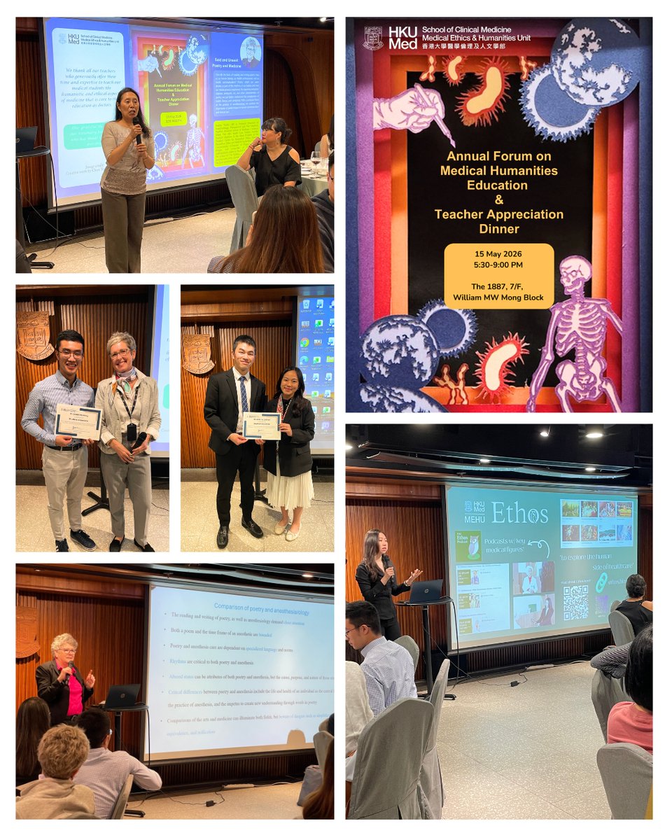 hku_mehu's tweet photo. In May, we were delighted to host the inaugural Annual Forum on Medical Humanities Education and Teacher Appreciation Dinner. It was an honour to welcome so many colleagues, community partners, and students who are passionate about medical education and who came together to deepen their understanding of #MEHU and the Medical Humanities (MH) Programme, while fostering dialogue among stakeholders to further enhance medical humanities education at #HKUMed.

We were honoured to have Prof Audrey Shafer from the Stanford University School of Medicine (@StanfordMed) deliver the keynote lecture, "Said and Unsaid: Poetry and Medicine." In addition, our Director, Prof Julie Chen, highlighted the development of our unit and the MH programme, while Dr Nicolette Ray introduced the creative works produced by MBBS Year 1 students. We also presented certificates to the Student Associates of #MEHU in recognition of their exceptional commitment to advancing medical ethics and humanities. Furthermore, we invited Ethos, an award-winning platform dedicated to exploring the human side of healthcare, to showcase its outstanding work to our guests.

Once again, we would like to express our heartfelt appreciation to all participants in the inaugural forum. We greatly value everyone's support and look forward to continuing our collaborative efforts to advance medical humanities education.

For more details about the event, please visit:
https://t.co/T8ApB3eXU1

P.S. The HKU Medical Ethics and Humanities Unit is immensely grateful for a generous donation from an anonymous donor in appreciation of the exceptional teachers in the MBBS Medical Humanities (MH) programme, who also wished to specifically recognize our Director, Prof Julie Chen, for her leadership and longstanding contributions to medical humanities education.

@hku_mehu @hkumed @HKUniversity @StanfordMed @StanfordMedMuse 

#MEHU #AnnualForumOnMedicalHumanitiesEducation #MedicalHumanities #MedicalHumanitiesEducation #MedicalEducation