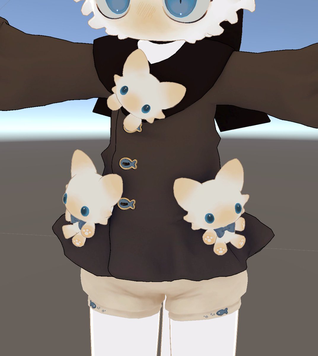 himanta3D's tweet photo. Nekocoat 🐈 
フィニシフ対応衣装を制作中です！
あちこちについたぬいぐるみがポイントのコートです♪ ｖ（＾＿＾ｖ）♪

#ﾓｸbutter #VRChat https://t.co/p26ycefIem