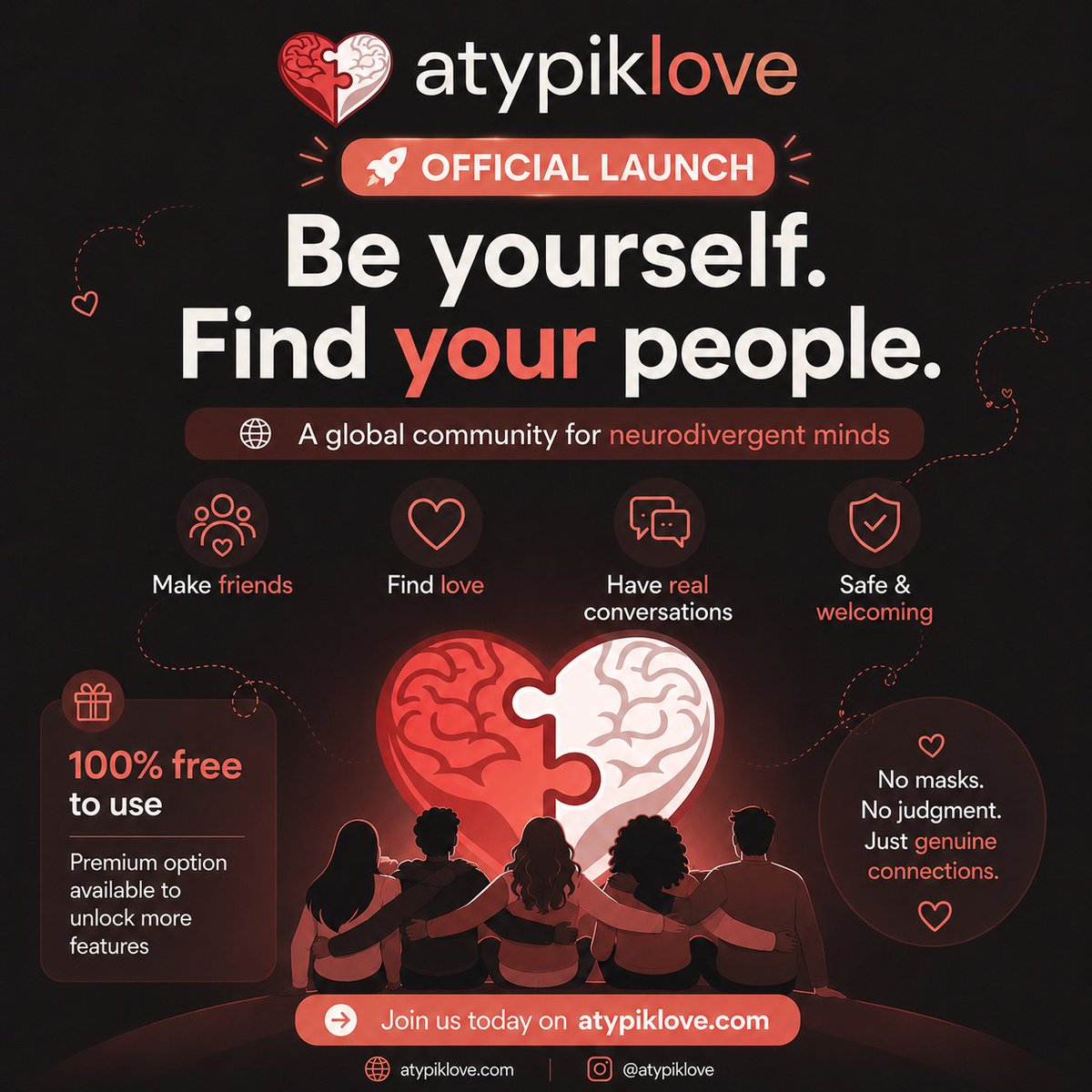 Atypiklove's tweet photo. ATYPIKLOVE IS LIVE

A new international community for neurodivergent people.

Find love ❤️, make friends 🤝, share your life 📝, and connect with people who truly understand you.

Be yourself. Find your people. 🌍

🔗 https://t.co/dpTan0bUX0
#Neurodiversity #Autism #ADHD #AuDHD https://t.co/Tt2UG2AaYW