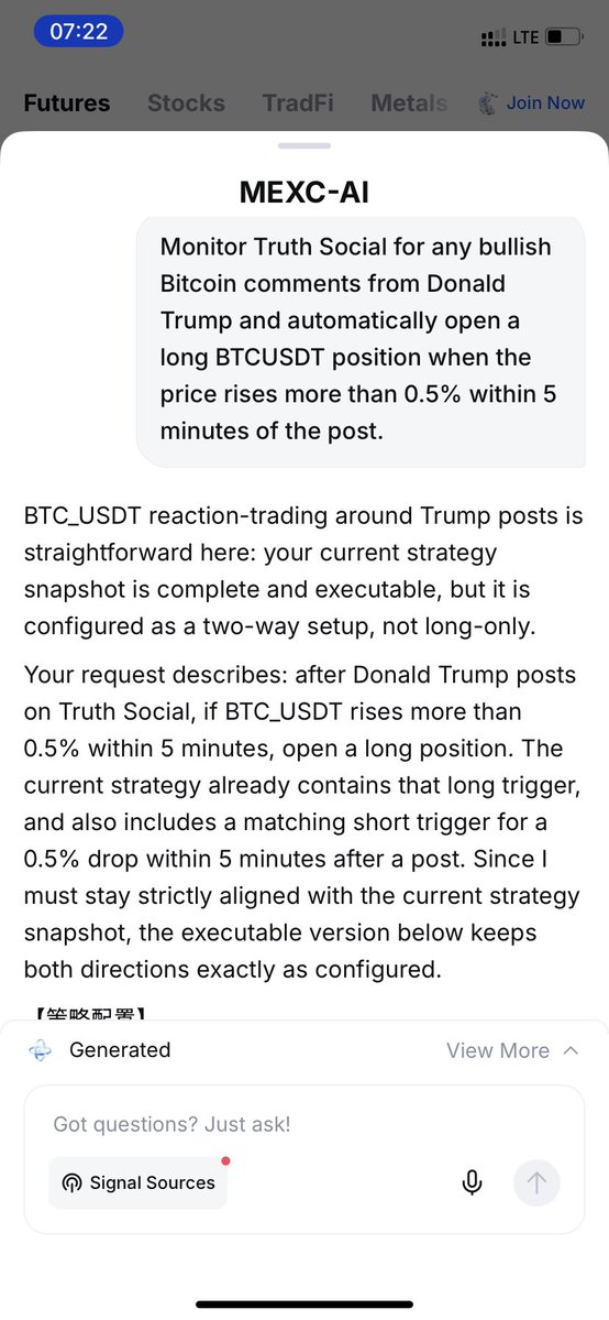 Gracy69_'s tweet photo. @MEXC Monitor Truth Social for any bullish Bitcoin comments from Donald Trump and automatically open a long BTCUSDT position when the price rises more than 0.5% within 5 minutes of the post.

#MEXCAI https://t.co/uPX7dHcBqg
