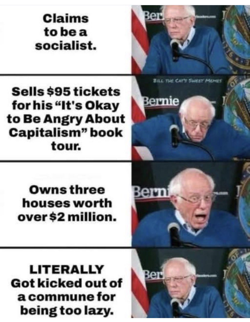 I_Am_BJC's tweet photo. Bernie Sanders is the ultimate con man. He became a multi-millionaire by selling communism to idiots. https://t.co/PGwOT6QI40