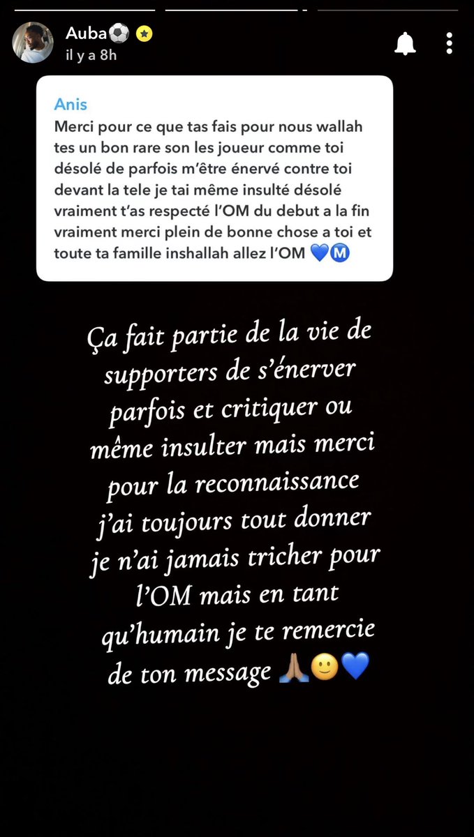Be_OM13's tweet photo. 🚨Pierre-Emerick Aubameyang 🇬🇦 qui répond à des supporters sur Snapchat !!

« Vous allez me manquer aussi ah le Vél 🤍 » https://t.co/i3xywHdy7g