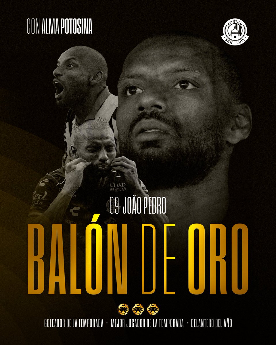 AtletideSanLuis's tweet photo. ¡EL MEJOR DELANTERO, EL JUGADOR MÁS VALIOSO Y EL GOLEADOR DE LA TEMPORADA ES POTOSINO! 🥹🫰🏻🔴⚪️

João Pedro, ganador de 3 balones de oro de la temporada 2025-2026. ⚽️🏅🏅🏅

#ConAlmaPotosina #BalónDeOro https://t.co/X8mVMz0NPR