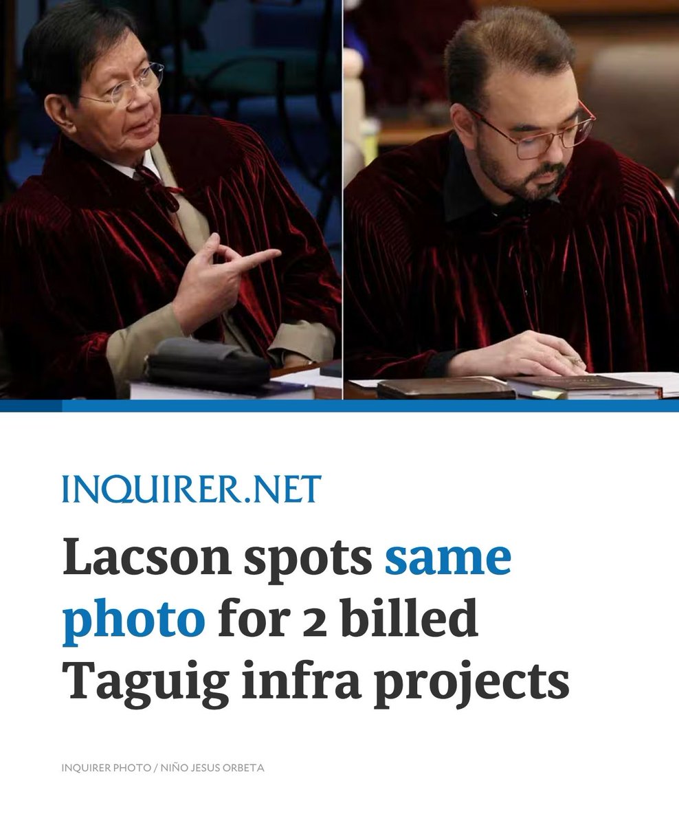 inquirerdotnet's tweet photo. ‘ARE THESE NOT CRIMINAL ACTS?’

Two infrastructure projects in Taguig City allegedly used the same photo for billing purposes, Sen. Panfilo “Ping” Lacson said on Sunday.

READ MORE: https://t.co/CwnuO1rhq3 https://t.co/ceACW4v4Xk