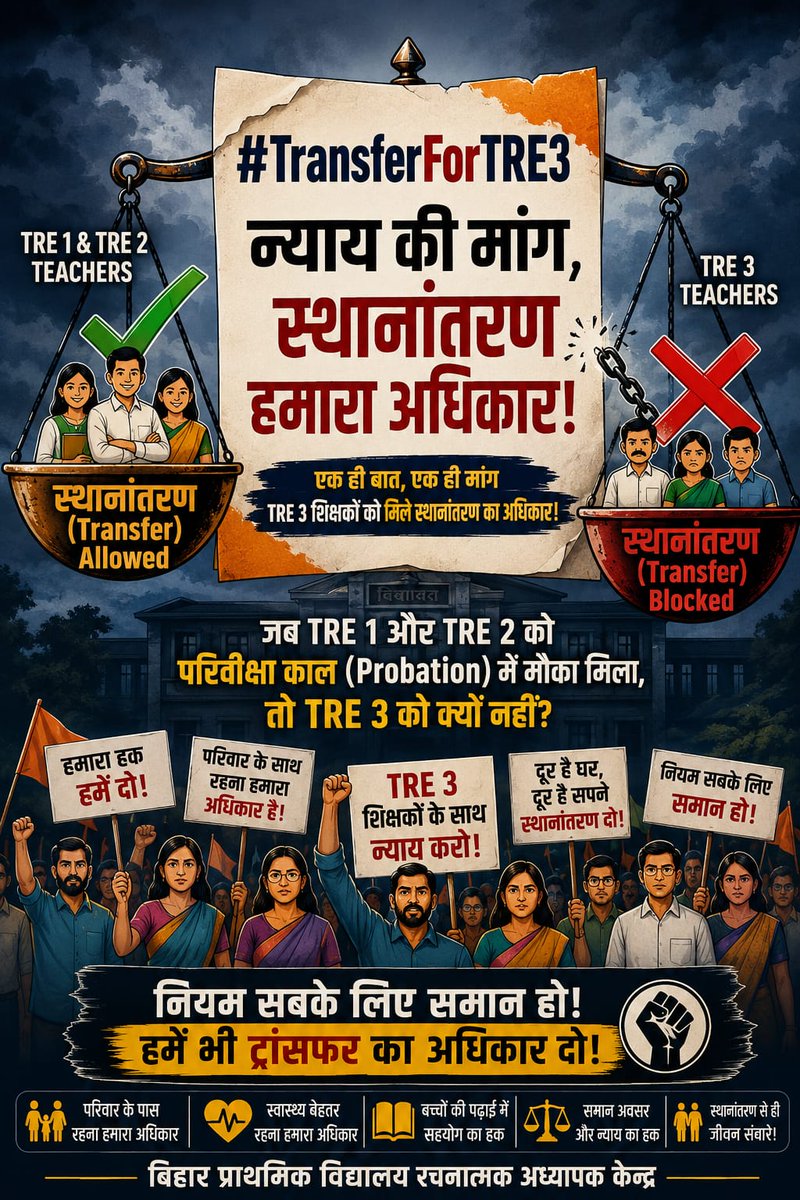 SANJEEV80265607's tweet photo. #TransferForTRE3
श्री 
@samrat4bjp
 एवं 
@BiharEducation_

स्थानांतरण प्रक्रिया से TRE3 शिक्षकों के लिए परिवीक्षा की शर्त हटाई जाए। TRE1 और TRE2 शिक्षकों को परिवीक्षा अवधि में भी स्थानांतरण का अवसर मिला, जबकि TRE3 शिक्षकों को पूरी तरह वंचित कर दिया गया है।1
@mkrtiwari_bjp https://t.co/e2JWav4orO