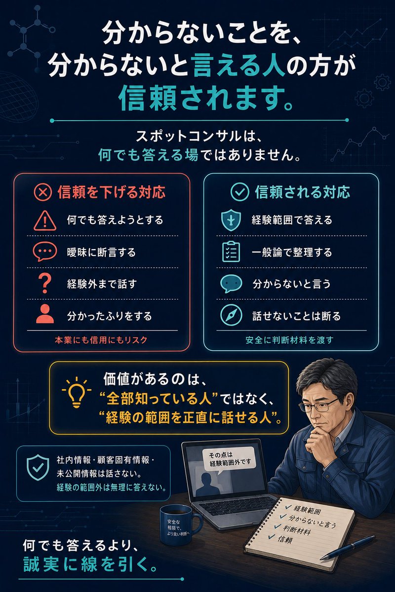 Mack_0915's tweet photo. 分からないことを、分からないと言える人の方が信頼されます。

スポットコンサルは、何でも答える場ではなく、経験の範囲で判断材料を渡す場です。

#理系副業
#技術職のキャリア
#専門性の活かし方
#月10万円 https://t.co/kq3rCwxyGY