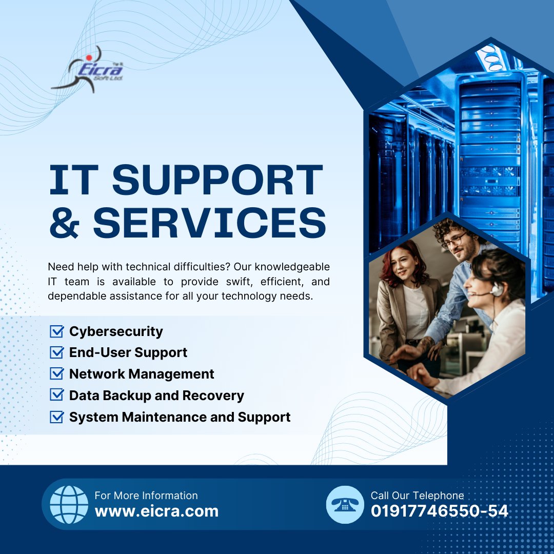 eicrasoft's tweet photo. 🚀 Reliable IT Support That Keeps Your Business Running

Technology should empower your business—not slow it down. At Eicra Soft Ltd., we provide professional IT support services designed to keep your systems secure, efficient, and always operational.

From proactive system maintenance to cybersecurity and network management, our experienced team is here to ensure your business stays connected and productive.

Our IT Support Services:

✅ Cybersecurity Solutions
✅ End-User Technical Support
✅ Network Management
✅ Data Backup & Disaster Recovery
✅ System Maintenance & Performance Optimization

💼 Whether you're a startup or an established enterprise, we deliver dependable IT solutions tailored to your business needs.

📞 Contact Us: +880 1917-746550-54

#ITSupport #ManagedITServices #CyberSecurity #NetworkManagement #DataBackup #BusinessTechnology #TechSupport #SystemMaintenance #EicraSoft
