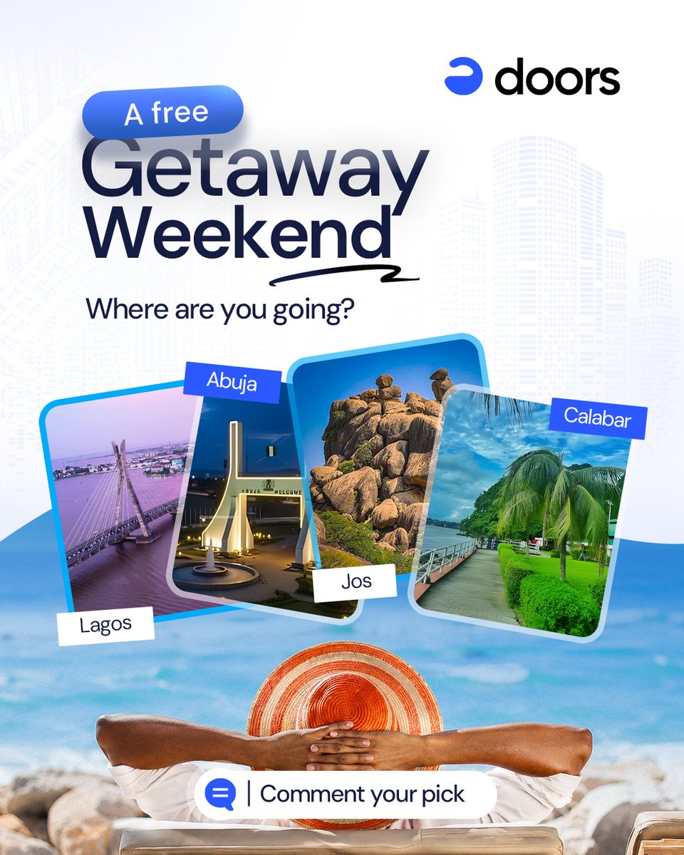 trydoors1's tweet photo. If you could spend a weekend anywhere in Nigeria for free... where are you
choosing?

#trydoors #weekendgetaway #doorsiscoming #comingsoon https://t.co/WT6mU9Ev0X