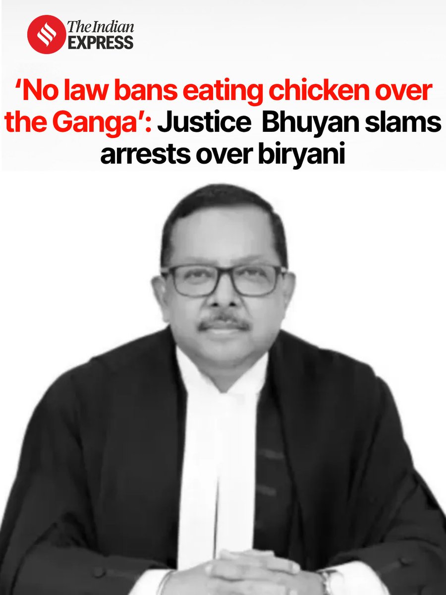 IndianExpress's tweet photo. Saying that there was “no law prohibiting consumption of chicken over the Ganga river”, Justice Ujjal Bhuyan of the Supreme Court criticised the arrest of youngsters for consuming chicken biryani while breaking their fast.

Read: https://t.co/Tls2A12H2h https://t.co/XLpqizEGHT