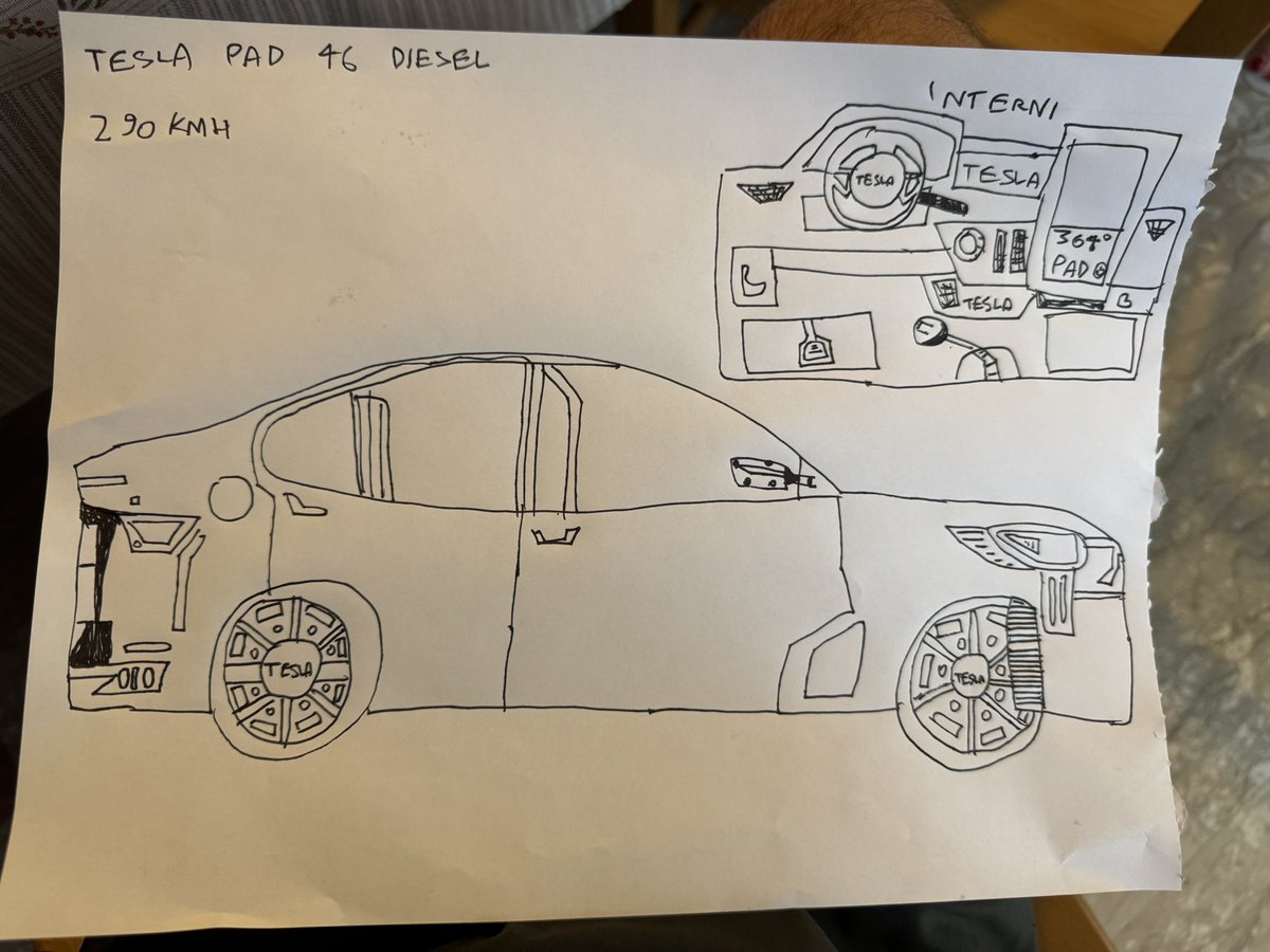 _ern3st_'s tweet photo. @Tesla Ehi @Tesla @TeslaEurope! 👋
Giorgio (8 anni, Roma) reinventa la gamma con la "Tesla PAD 46 DIESEL": 290 KM/H e schermo orientabile 364° PAD G! ⚡️
Ready for the Diesel revolution? 😉
#Tesla #TeslaPAD46 #CarDesign #Rome #ConceptCar https://t.co/iR6lxjwlms